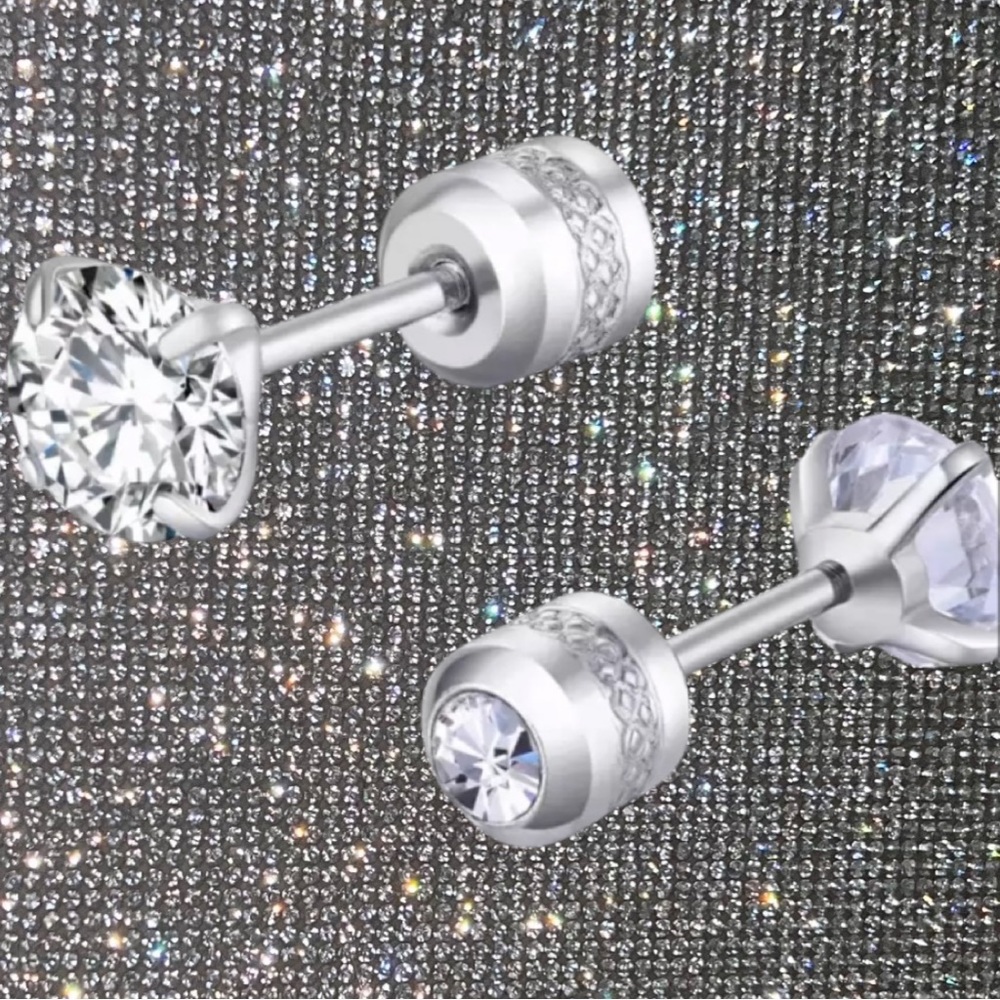 Diamond stud screw on earrings 6mm Hypoallergenic Cubic Zirconia Stainless steel - Picture 4 of 8